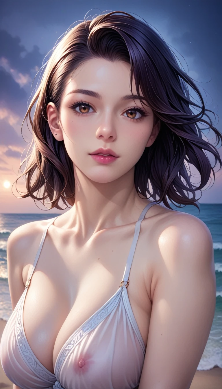 score_9, score_8_superior, score_7_superior, High resolution 3D anime style,A masterpiece in 32K resolution,Highest quality,it is really amazing,Very detailed,Ultra-high resolution,Ultra-realistic,Realistic,Increased depth of field,Cinematic lighting,
(Sexy mature Japan woman:1.2),
(black straight medium hair:1.1),(Ultra-detailed and beautiful face:1.1),(Calm and gentle look:1.1),Beautiful brown eyes,Translucent white skin,Realistic skin texture,Great proportions,
Elegant swimwear,
Summery design,Chic color scheme,Beautiful and delicate decoration,Detailed fabric texture,
(Dark overcast sky on a dull night:1.1),(Dark clouds filling the sky:1),(Thundercloud:1),Coastline at night,Stormy seas,(delay々A desolate sandy beach that continues:1),
(Dramatic Angle:1.1),