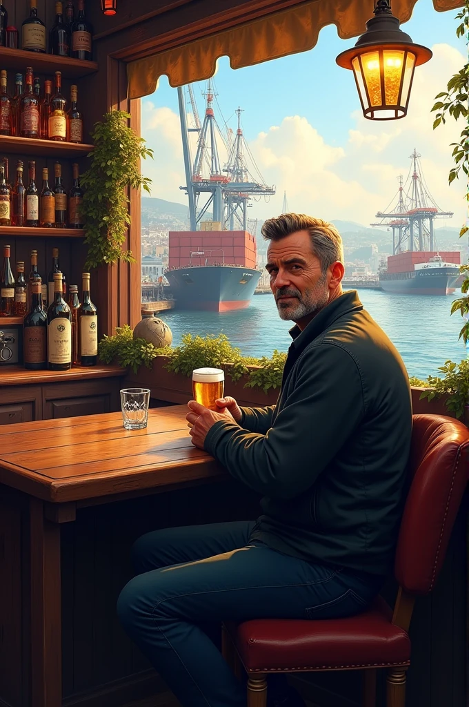 Port of North european big city, pub, bar, merchant, 40 years old man, sitting, quite Easy going
