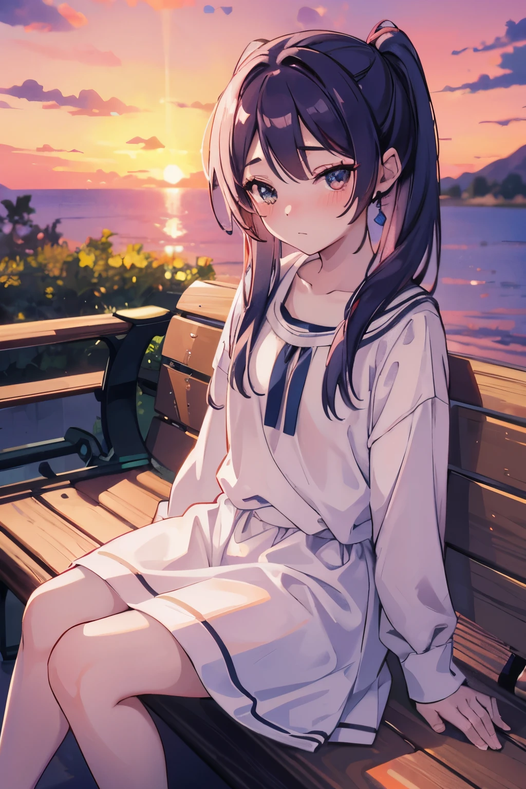 4k, masterpiece, ultra detailed, 1 girl, frieren, blushing, sitting on a bench, looking sideways at viewer, sunset 