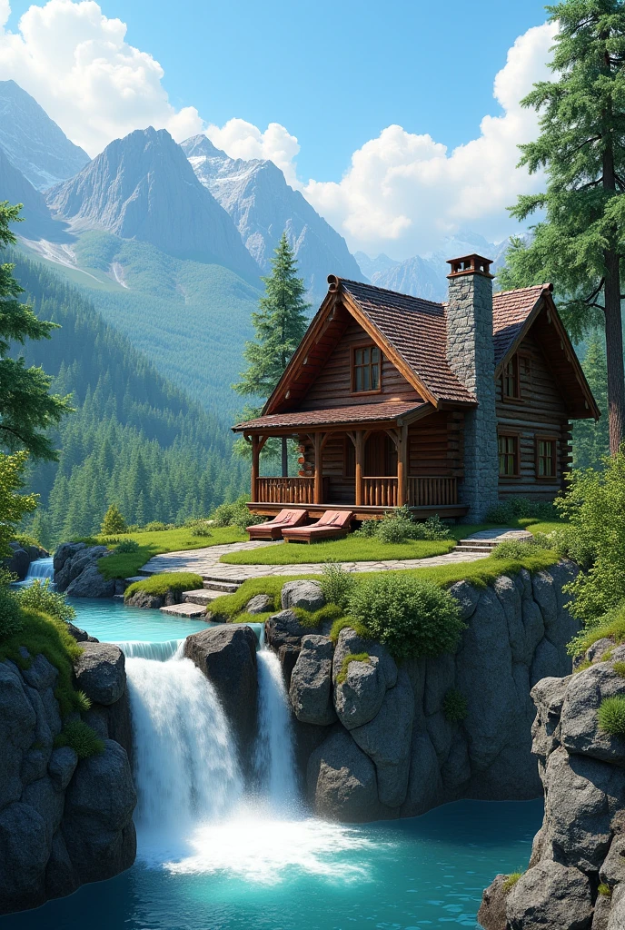 The image is a beautiful landscape of a wooden cabin in a mountainous area. The cabin is made of wood and has a sloping roof and a chimney on the right side. It is surrounded by lush greenery and trees. In front of the cabin, there is a small waterfall cascading down a rocky cliff. The water is a vibrant turquoise color and there are two lounge chairs on the deck overlooking the waterfall. The sky is blue with white clouds and the mountains in the background are covered in green trees. The overall mood of the image is peaceful and serene.4k realistic 