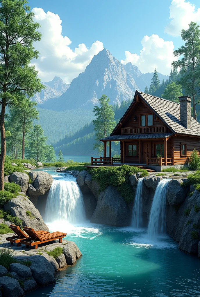 The image is a beautiful landscape of a wooden cabin in a mountainous area. The cabin is made of wood and has a sloping roof and a chimney on the right side. It is surrounded by lush greenery and trees. In front of the cabin, there is a small waterfall cascading down a rocky cliff. The water is a vibrant turquoise color and there are two lounge chairs on the deck overlooking the waterfall. The sky is blue with white clouds and the mountains in the background are covered in green trees. The overall mood of the image is peaceful and serene.4k realistic