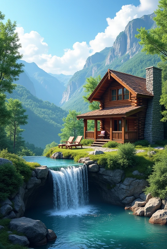 The image is a beautiful landscape of a wooden cabin in a mountainous area. The cabin is made of wood and has a sloping roof and a chimney on the right side. It is surrounded by lush greenery and trees. In front of the cabin, there is a small waterfall cascading down a rocky cliff. The water is a vibrant turquoise color and there are two lounge chairs on the deck overlooking the waterfall. The sky is blue with white clouds and the mountains in the background are covered in green trees. The overall mood of the image is peaceful and serene.4k realistic
