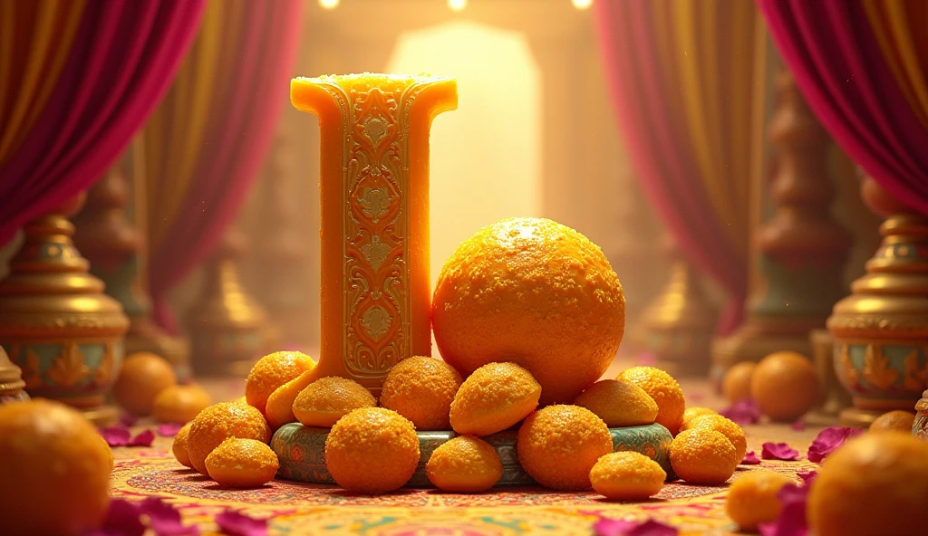 *L**: "Design a scene featuring the letter 'L' with a delicious-looking laddu. The laddu should be large and golden, with a festive background that includes traditional Indian patterns or colors."