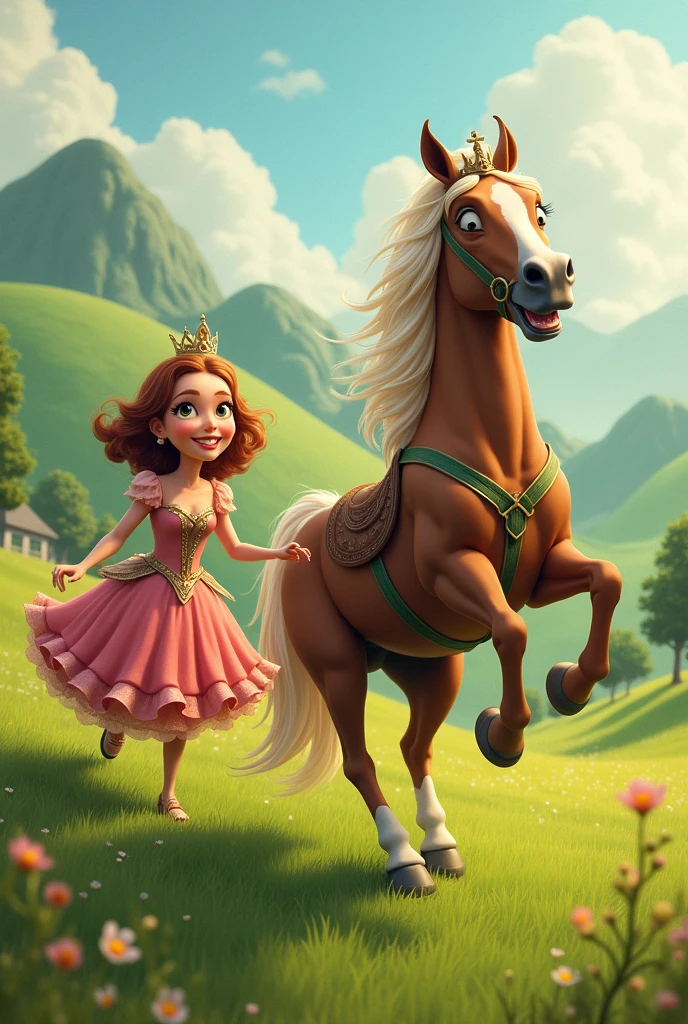 Draw me a picture of a funny princess riding a stupid horse and running on two legs in the grassland.