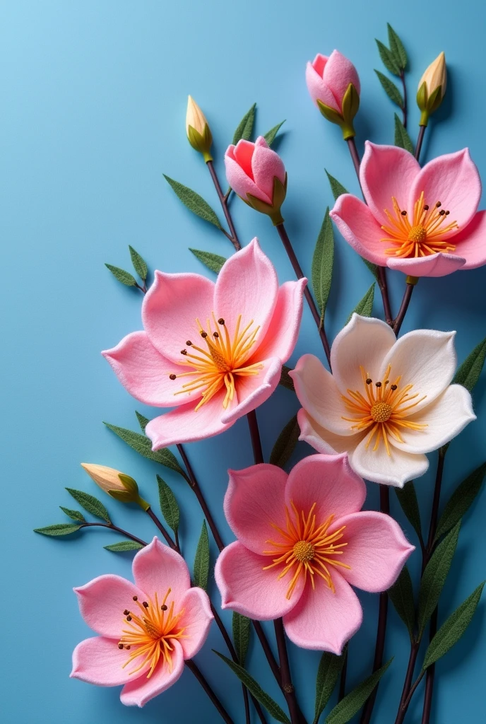 ((Best quality)), ((masterpiece)), (detailed), felt flowers, craft photography, on a blue background