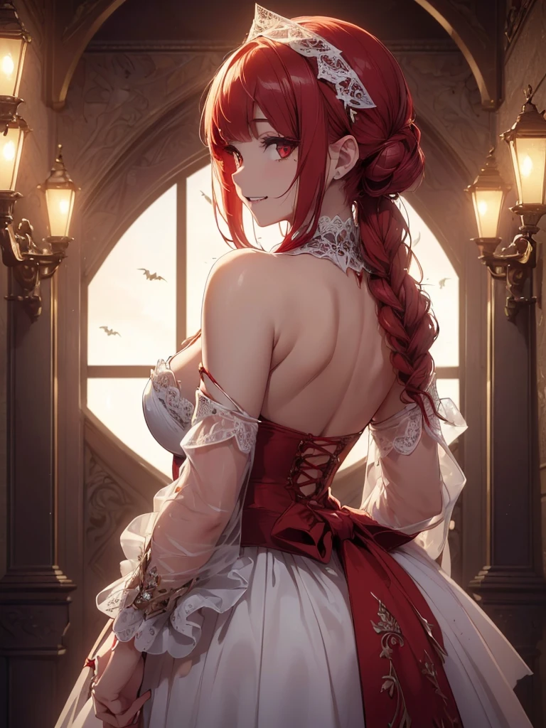 (((best quality, sharp image, clear image, cinematic lighting, 8k resolution, masterpiece, ultra detailed, intricate))) Girl, (((looking over shoulder))), shot from behind, vampire, (vampire teeth), intricate white dress. ((blood dripping)), intricate bloodlines in background, (bats flying), bright red hair, smiling