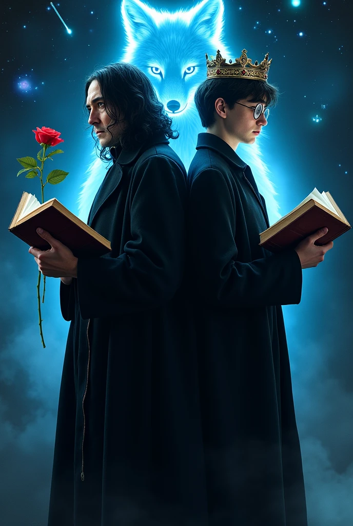Severus to Professor Snape, the head of Slytherin house must be in the picture, with a red rose in her hand, and Harry Potter's 17-year-old self, in glasses. crown on his head! The two characters should stand with their backs to each other! Both of them should have an open book in their hands! In the background is a blue glowing fox in the middle, similar to protective charms, outer space, the shooting stars, the minor planets! THEY ARE ANONYMOUS should appear at the top of the image!