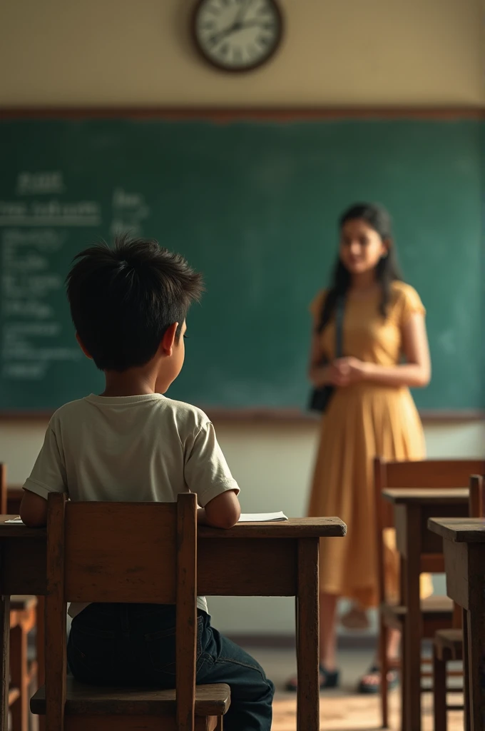 A modest, nostalgic classroom setting with old wooden desks and a chalkboard in the background. Kumar, a shy young boy, is seated quietly at his desk, glancing towards Srinidhi, who is confidently answering a question at the front of the class. The scene captures Kumar’s admiration and curiosity.
- **Mood**: Nostalgic, with a sense of young admiration.
