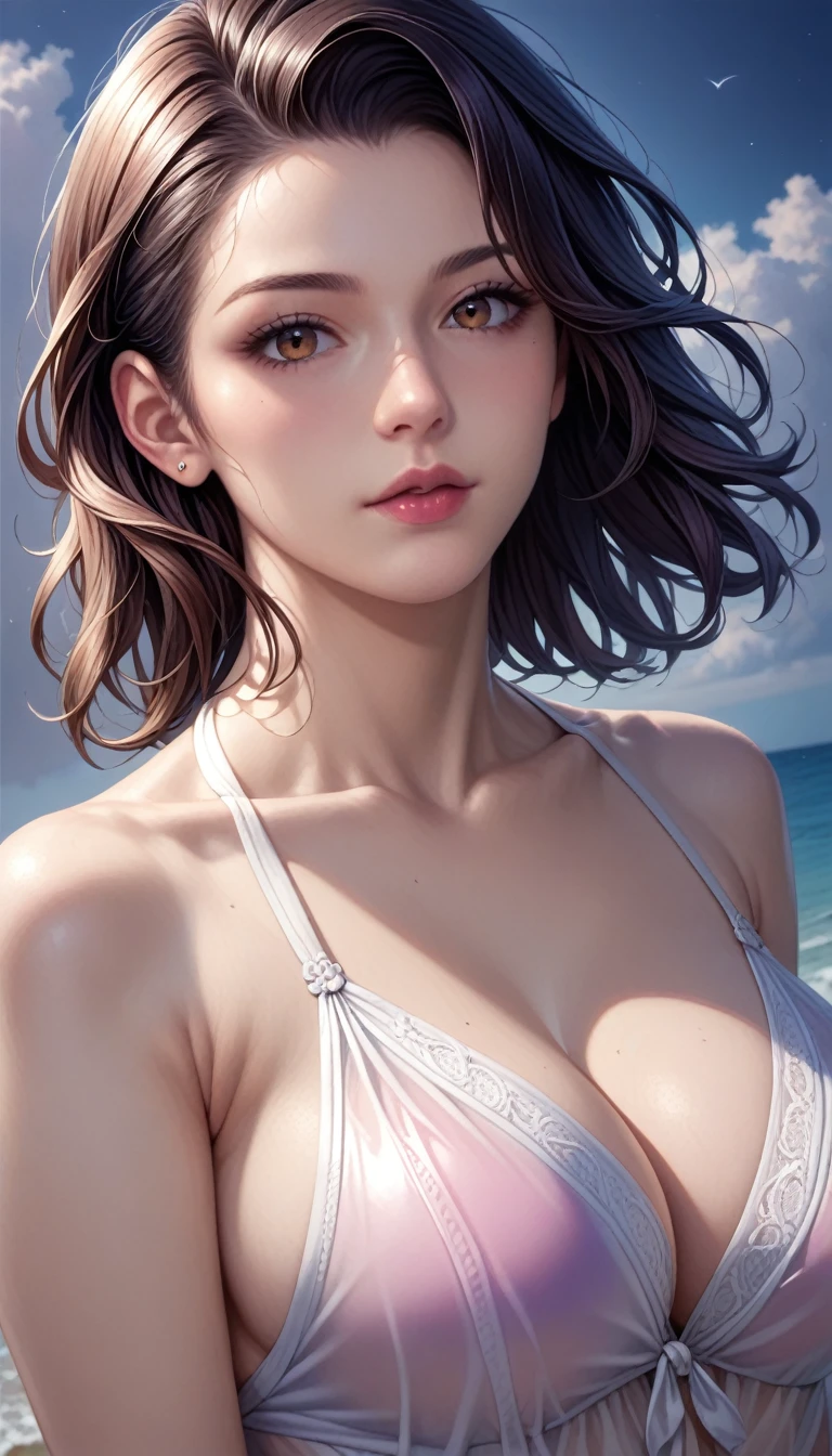 score_9, score_8_superior, score_7_superior, High resolution 3D anime style,A masterpiece in 32K resolution,Highest quality,it is really amazing,Very detailed,Ultra-high resolution,Ultra-realistic,Realistic,Increased depth of field,Cinematic lighting,
(Sexy mature Japan woman:1.2),
(black straight medium hair:1.1),(Ultra-detailed and beautiful face:1.1),(Calm and gentle look:1.1),Beautiful brown eyes,Translucent white skin,Realistic skin texture,Great proportions,
Elegant swimwear,
Summery design,Chic color scheme,Beautiful and delicate decoration,Detailed fabric texture,
(Dark overcast sky on a dull night:1.1),(Dark clouds filling the sky:1),(Thundercloud:1),Coastline at night,Stormy seas,(delay々A desolate sandy beach that continues:1),
(Dramatic Angle:1.1),