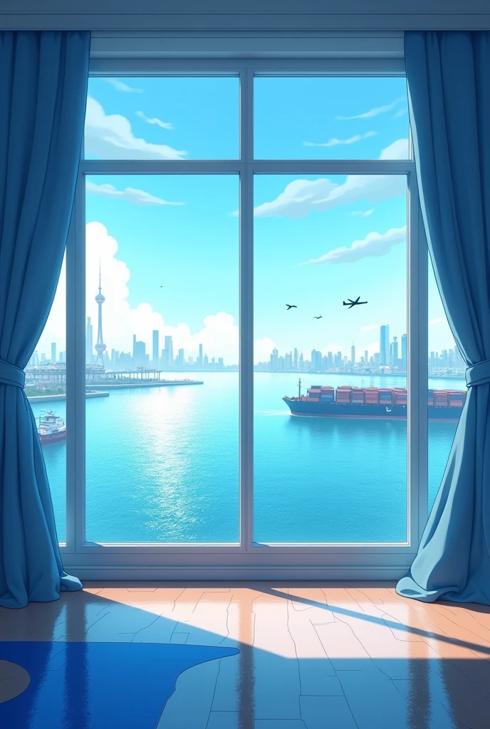 １２Sunny at the time。オフィスビル内の風に揺れているblueカーテン越しにコンテナ船が見える　The sea is sky blue。floor（It says Shanghai Xinyue）blue。A small plane in the sky。Anime Style