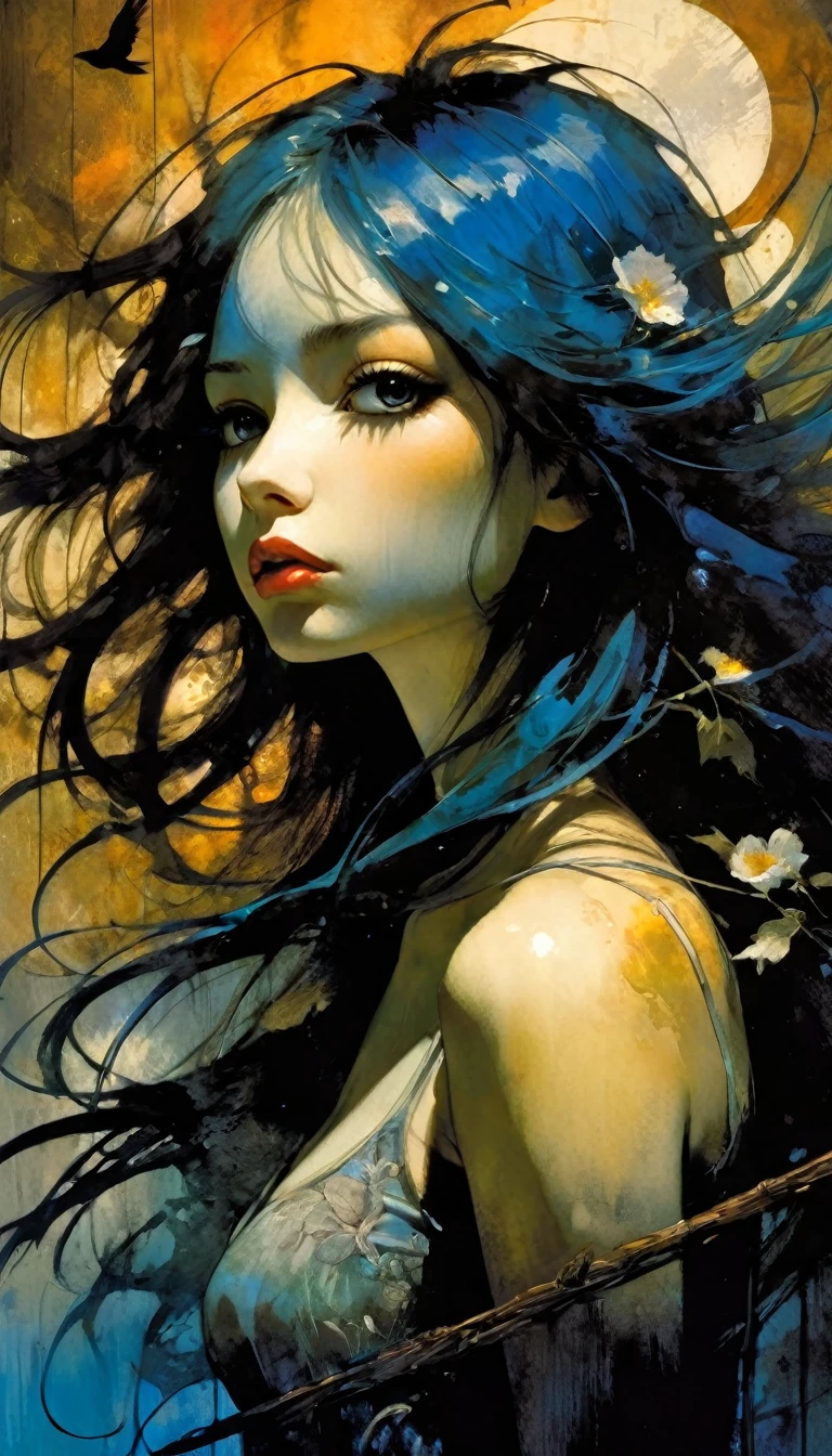 1girl, sexy, floral, cloud, bird, flow, hair over eyes, hair over one eye, blue long hair, (((ultra detailed))), softcore, kawaii, eroticism, sexy, between shadows, oil painting, chiaroscuro, sensual, dramatic lighting, moody atmosphere, photorealistic, intricate details, masterpiece, ultra-detailed, high quality, 8k, best quality, realistic, cinematic, dark and brooding, expressionistic, powerful composition, emotional impact, art inspired by Bill Sienkiewicz and Dave Mckean
