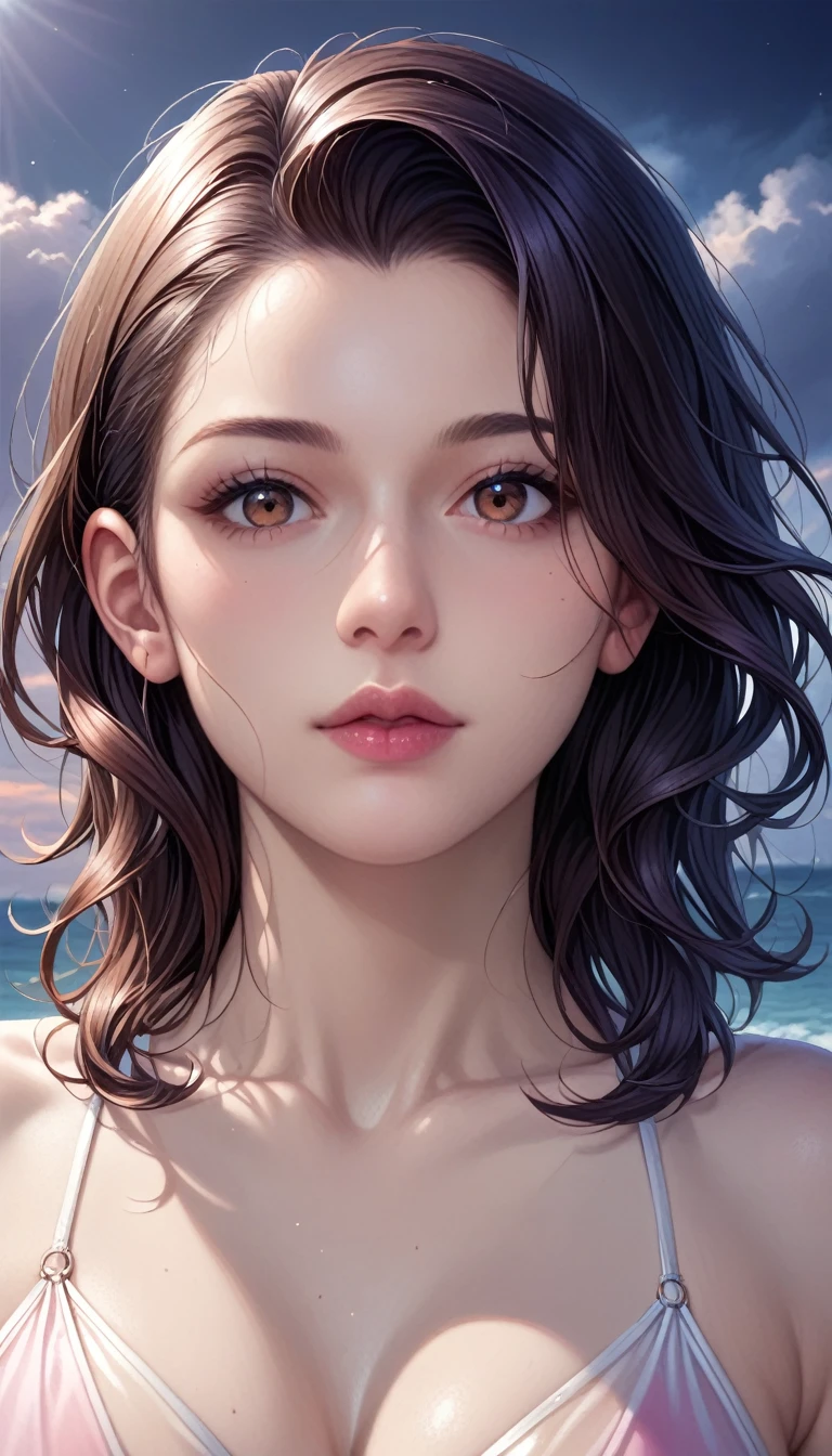 score_9, score_8_superior, score_7_superior, High resolution 3D anime style,A masterpiece in 32K resolution,Highest quality,it is really amazing,Very detailed,Ultra-high resolution,Ultra-realistic,Realistic,Increased depth of field,Cinematic lighting,
(Sexy mature Japan woman:1.2),
(black straight medium hair:1.1),(Ultra-detailed and beautiful face:1.1),(Calm and gentle look:1.1),Beautiful brown eyes,Translucent white skin,Realistic skin texture,Great proportions,
Elegant swimwear,
Summery design,Chic color scheme,Beautiful and delicate decoration,Detailed fabric texture,
(Dark overcast sky on a dull night:1.1),(Dark clouds filling the sky:1),(Thundercloud:1),Coastline at night,Stormy seas,(delay々A desolate sandy beach that continues:1),
(Dramatic Angle:1.1),