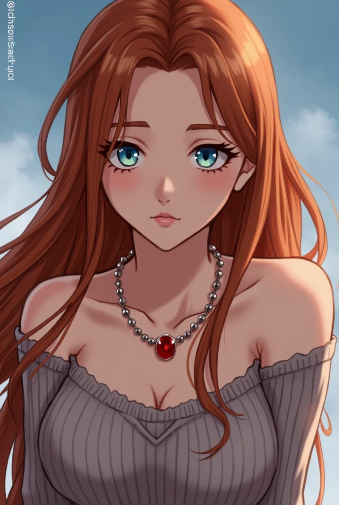 1girl in, age18, Solo, Long hair, Colossal , Looking at Viewer, auburn red hair, Bare shoulders, blue eyes, jewelry, Full body, a necklace, off shoulders, Sweaters, Realistic, A sexy