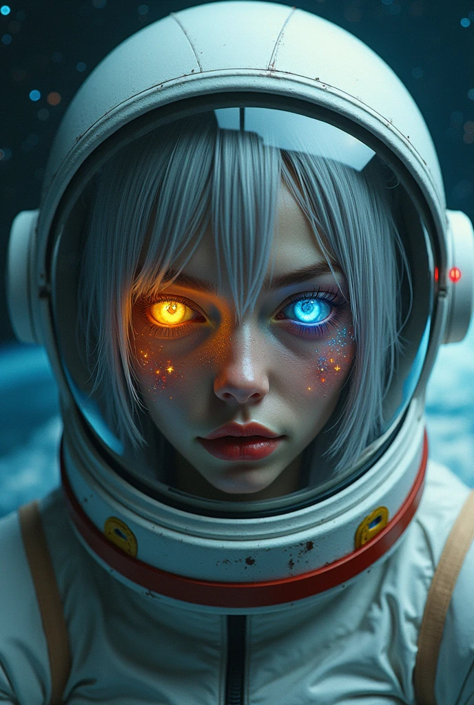 A closer look at a better masterpiece：1.5)0.9]、(Space and astronauts：1.2) (Disheveled silver hair：1.1) (Heterochromia and Yellow and Blue Eyes：1.2) (Space Helmet：1.0) (Colored stars in the eyes：1.0) (Shining Light：1.1) (Thick lips：0.9)