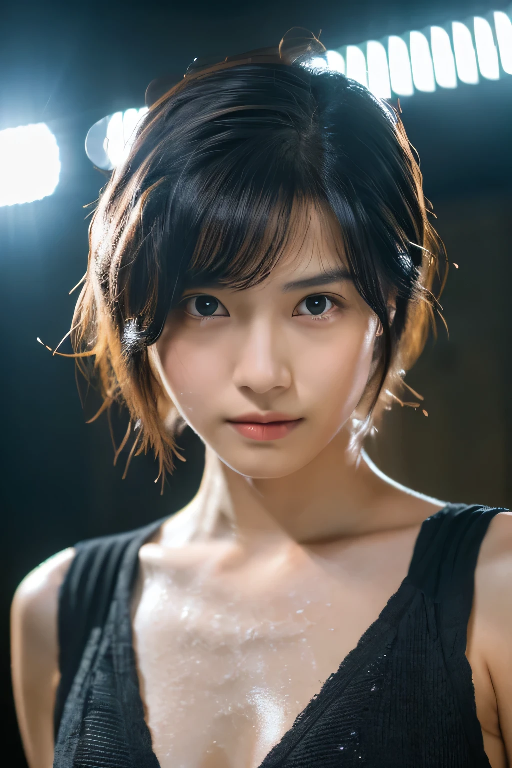 Wet roads ,drenched, Dripping, Wet Face,Wet clothes, Wet Skin, Wet Hair,A woman with a cute face like a Japanese idol,　、(Cleavage),((Cinema Lighting),(Natural light),(High level of artistry),(artistic),(Indistinguishable quality from the real thing),RAW Photos,Genuine,Genuine,High resolution,RAW Photos,masterpiece, beautiful, Handsome Tomboy, Looks like a salon model, Cool face, Neutral facial features,