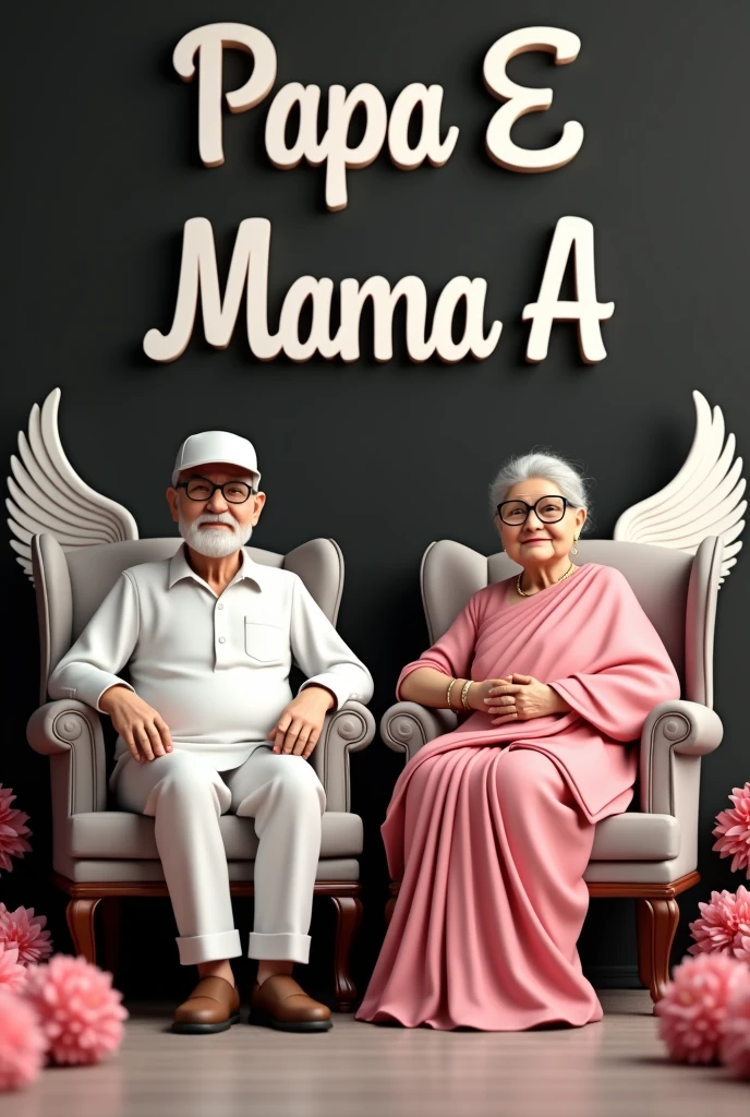 Create a 3D illusion for a profile picture of a 60-year-old couple sitting comfortably in wings chair. The boy is wearing a white shirt pant and eyelasses and cap . And the girl is wearing a pink saree and eyelasses. He is looking ahead. “Papa E” & “Mama A” are written in big and capital font on the black wall in the background. There should also be beautiful flowers, no shadows, and wings added to show that he or she is an angel.