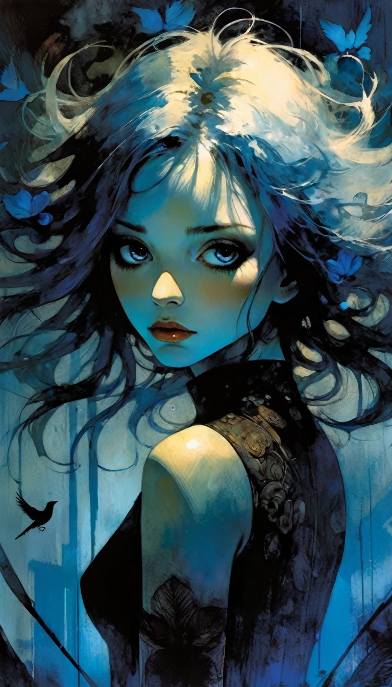 1girl, sexy, floral, cloud, bird, flow, hair over eyes, hair over one eye, (((ultra detailed))), softcore, kawaii, eroticism, sexy, between shadows, oil painting, chiaroscuro, sensual, dramatic lighting, moody atmosphere, photorealistic, intricate details, masterpiece, ultra-detailed, high quality, 8k, best quality, realistic, cinematic, dark and brooding, expressionistic, powerful composition,blue tones, emotional impact, art inspired by Bill Sienkiewicz and Dave Mckean