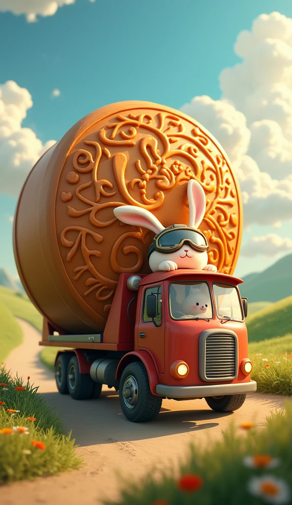 A truck is pulling a big mooncake, details in the picture, heading towards home. A little rabbit is driving.