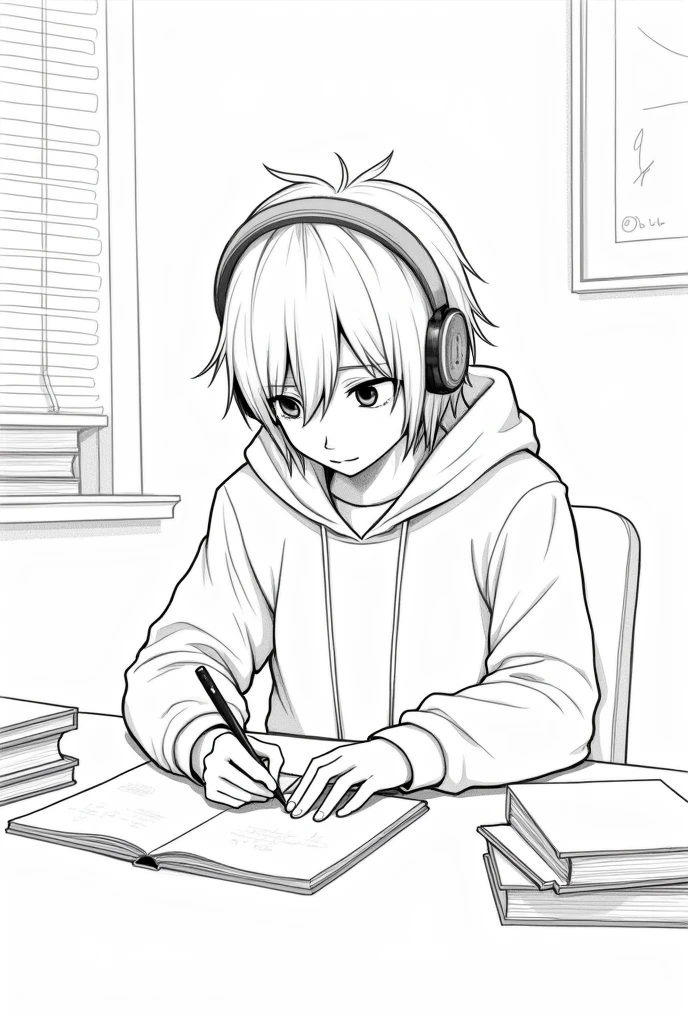 A girl studying in her room, wearing headphones,Short hair, wearing a hoodie,and lineart, writing, anxious expression,no bangs