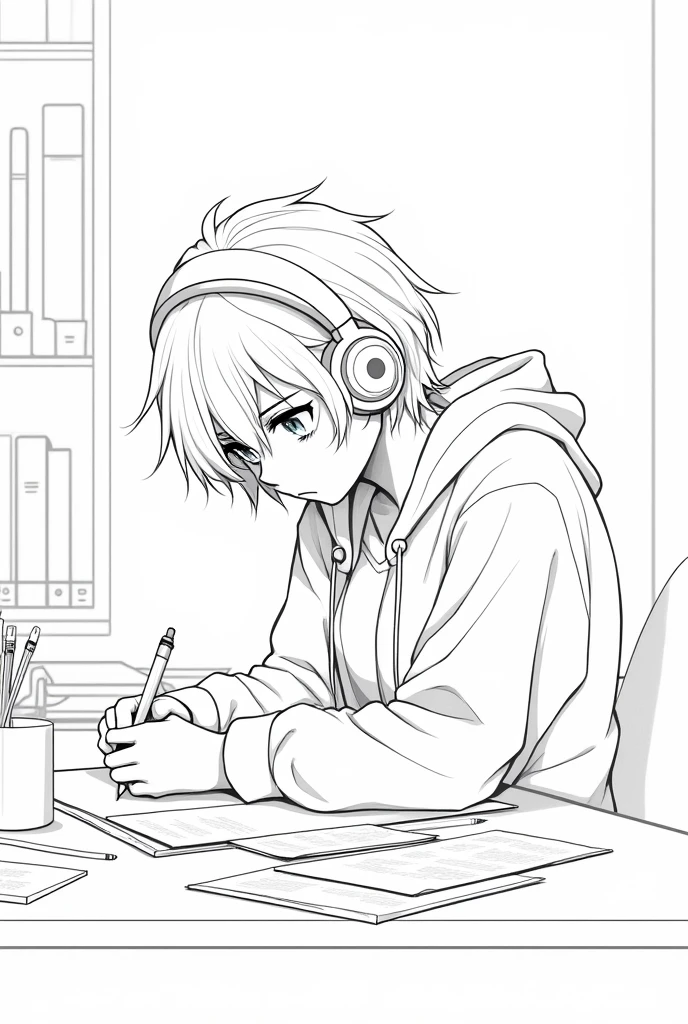 A girl studying in her room, wearing headphones,Short hair, wearing a hoodie,and lineart, writing, anxious expression,no bangs