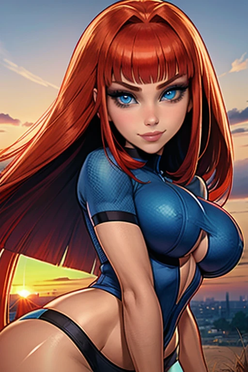 1girl, (solo:1.2), (portrait:1.6), (close-up:1.3), (looking at viewer:1.3), (gazing), (frontal), (beautiful detailed eyes:1.5), (subtle smile:1.2), happy, (closed mouth:1.2), (masterpiece:1.3), (best quality:1.3), (perfect anatomy:1.4), highly detailed, (orange sky:1.2), (cowboy scenery:1.2), (sunset:1.4), outside, summer, (red hair:1.4), (straight hair:1.5), (long hair:1.5), (bangs:1.5), (blue eyes:1.2), (large breasts:1.3), (wide hips:1.3), beautiful face, beautiful eyes, kittew, soft shading, charming face, (semi-realistic:1.2), detailed shading
