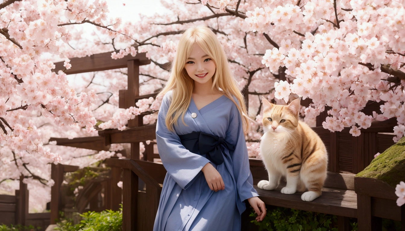 a blond hair girl smiling to the camera with a cat in her arm and cherry blossom in the background.