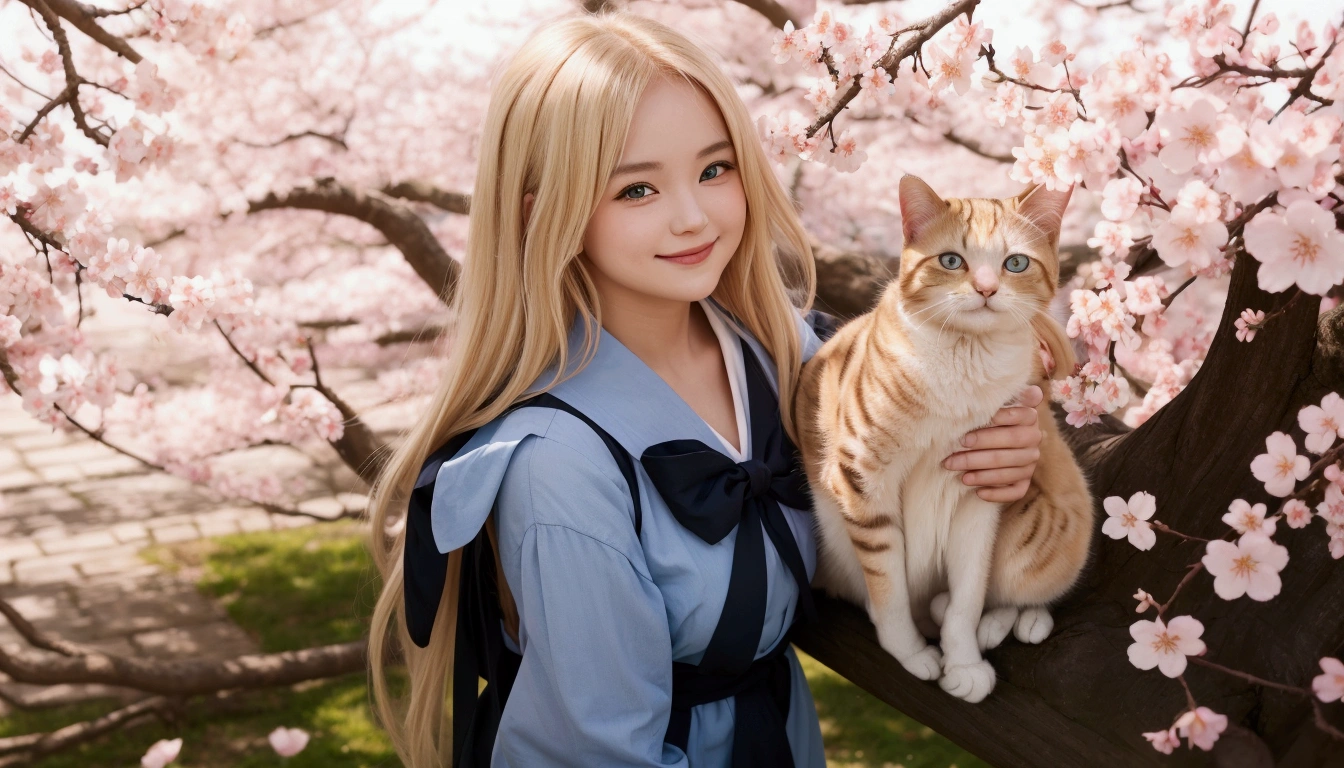 a blond hair girl smiling to the camera with a cat in her arm and cherry blossom in the background.