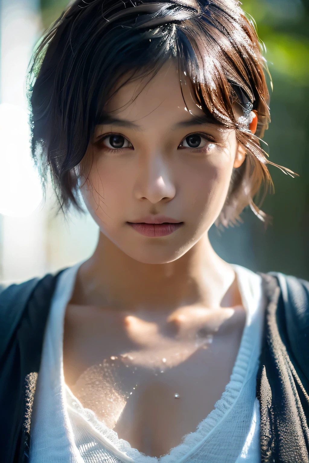Wet roads ,drenched, Dripping, Wet Face,Wet clothes, Wet Skin, Wet Hair,A woman with a cute face like a Japanese idol, 15 years old、(Cleavage),((Cinema Lighting),(Natural light),(High level of artistry),(artistic),(Indistinguishable quality from the real thing),{{RAW Photos}},{{Genuine}},High resolution,masterpiece, beautiful, Handsome Tomboy, Looks like a salon model, Cool face, Neutral facial features,