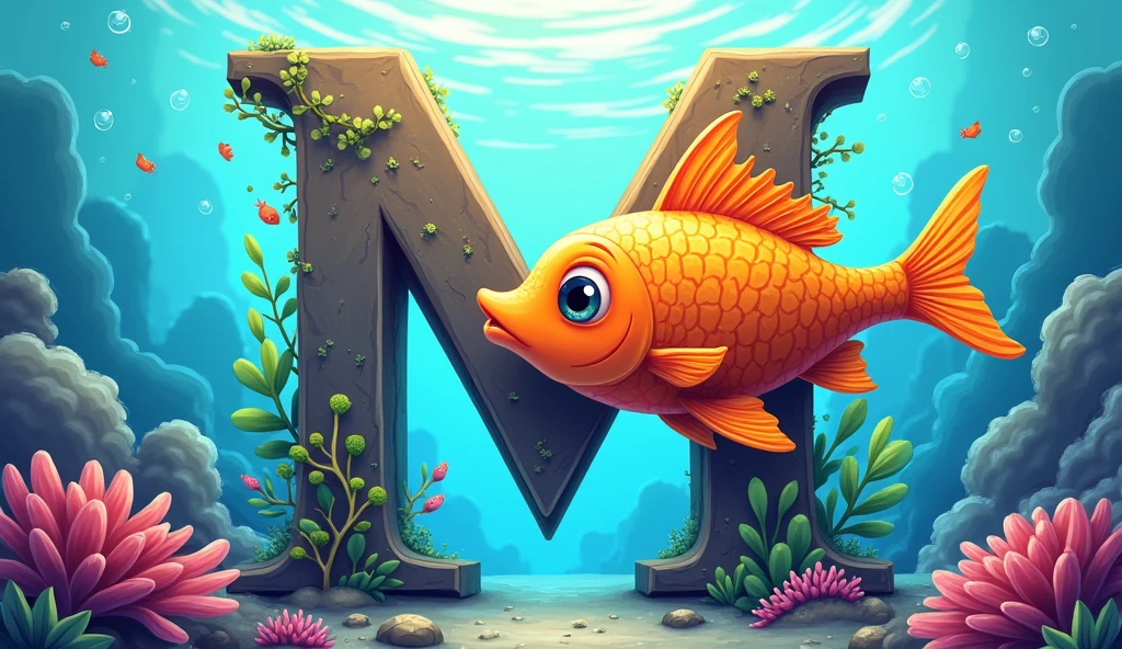M**: "Illustrate the letter 'M' with a fish next to it. The fish should be vibrant and animated, swimming in a water-themed background that includes bubbles or coral."