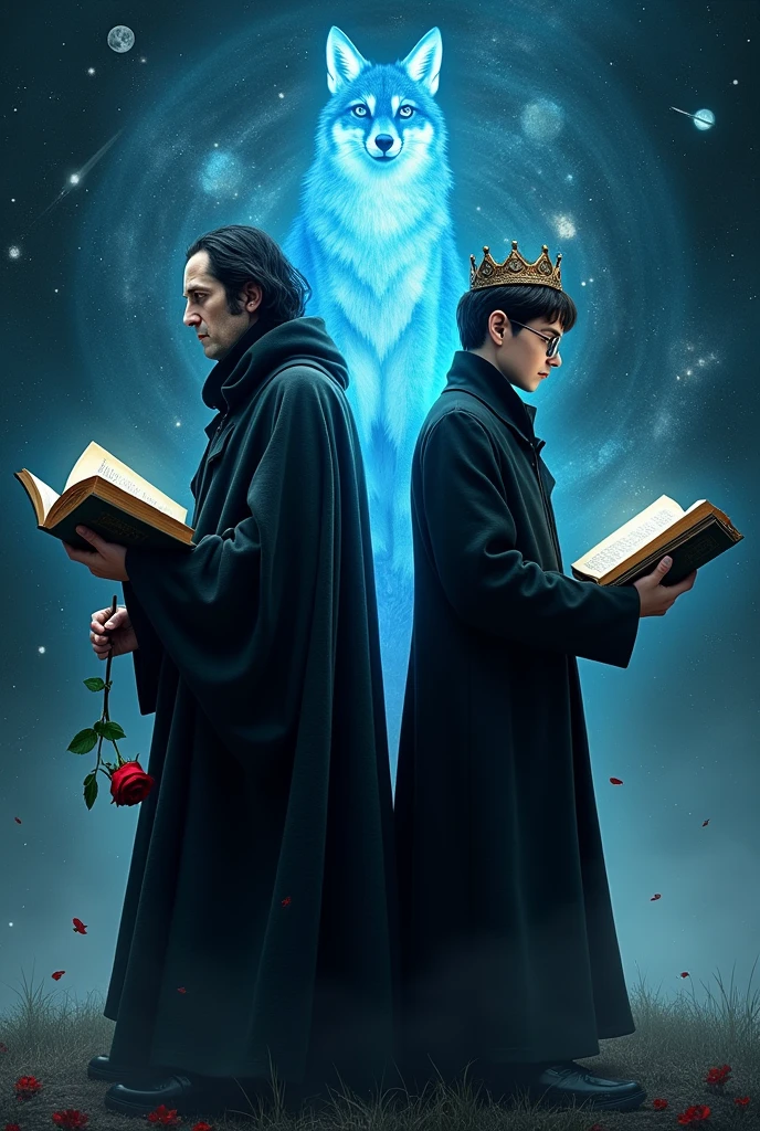 Severus to Professor Snape, the head of Slytherin house must be in the picture, with a red rose in her hand,  and Harry Potter&#39;s 17-year-old self, in glasses. crown on his head! The two characters should stand with their backs to each other! Both of them should have an open book in their hands! In the background is a blue glowing fox in the middle, similar to protective charms, outer space, the shooting stars, the minor planets! THEY ARE ANONYMOUS should appear at the top of the image!