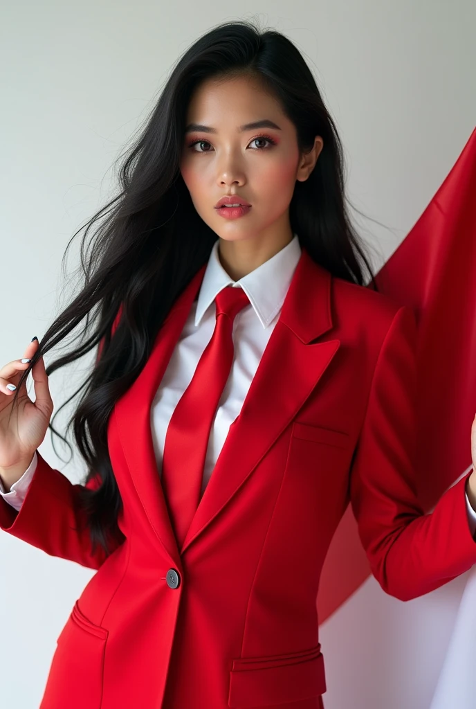 Portrait, beautiful woman, holding Indonesian flag, alpha female, shirt, blazer red, tie, elegant, black hair, white background