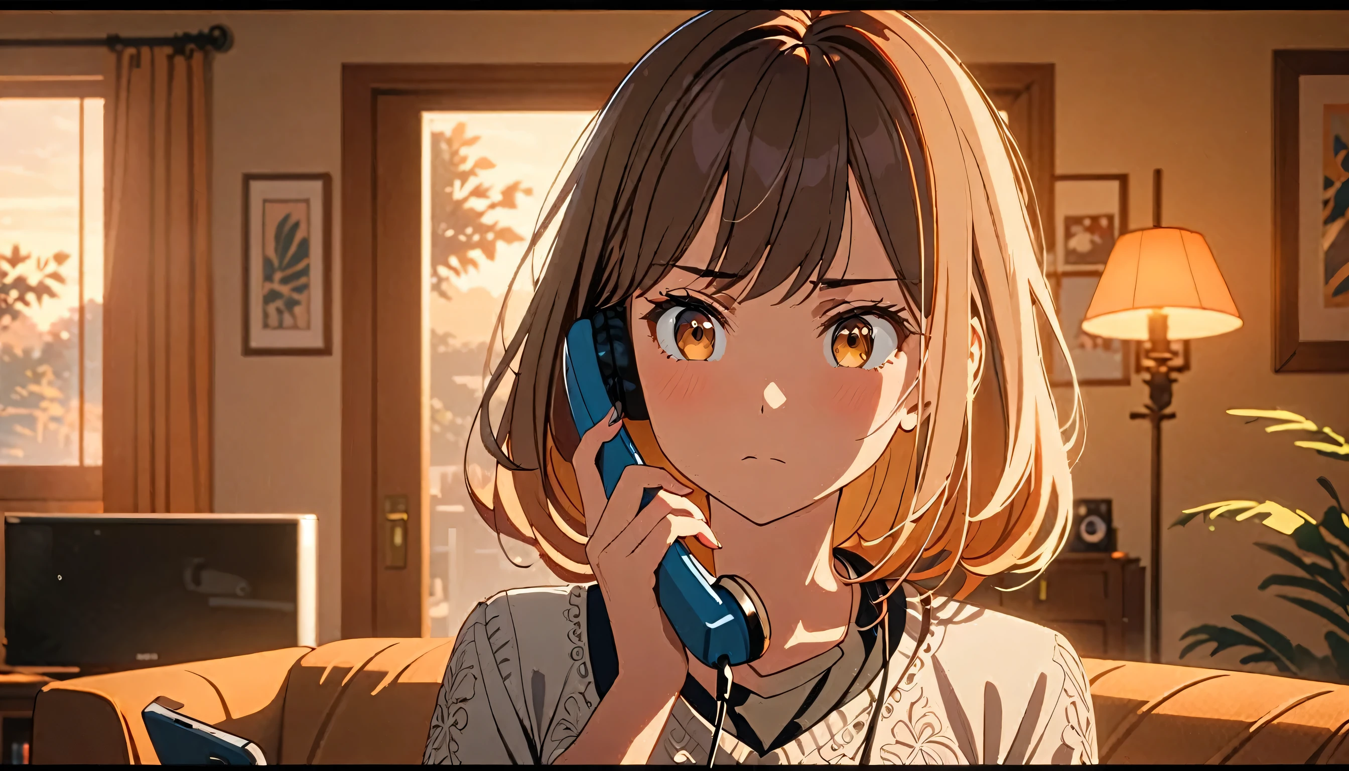 A girl with a slightly anxious but determined expression making a phone call, at the morning, in a living room, intricate facial details, cinematic lighting, animetic, 8k, high quality, digital painting, animetic portrait, warm color tones