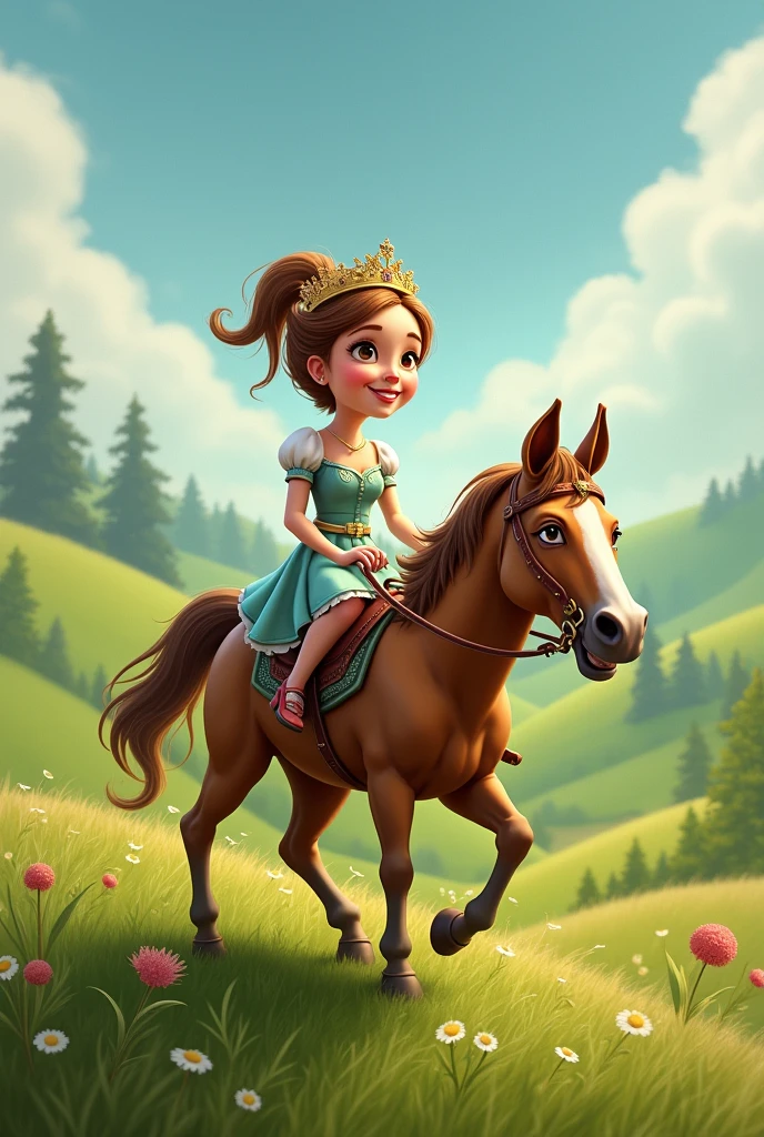 Draw me a picture of a funny princess riding a stupid horse and running on two legs in the grassland.
