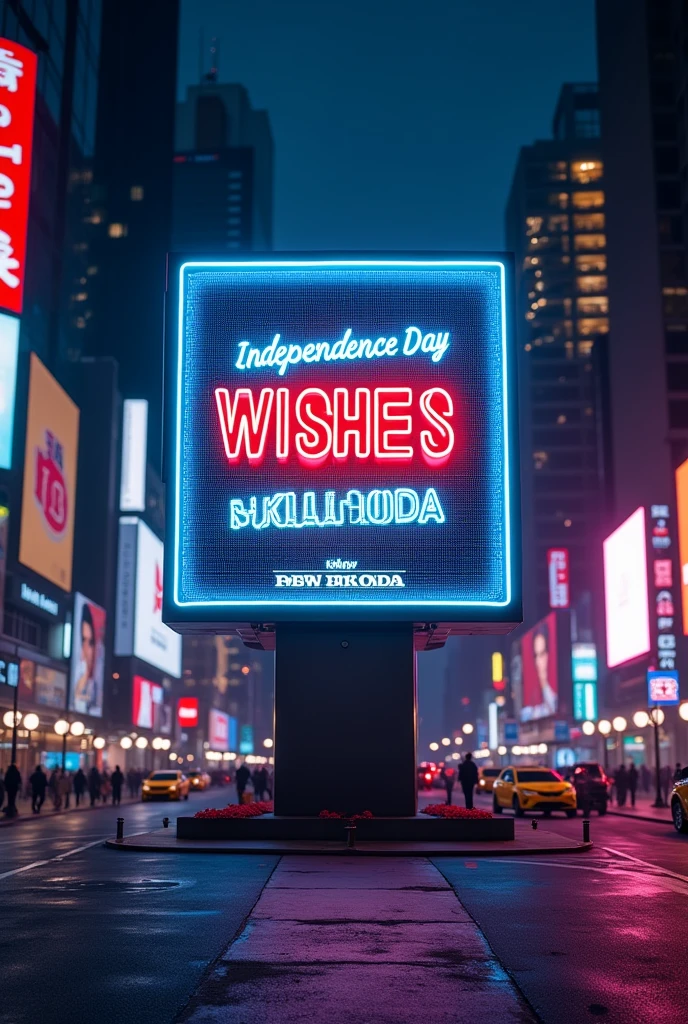 A massive futuristic advertisement sign board in NYC time square in a beautiful square design and neon lighting facing on camara, that clearly says " Independence Day Wishes - PREMIER HONDA KOTTAYAM". cinematic style, hyper realistic image. showing the hustle and bustle of the city. night vision. wide angle, on road side.