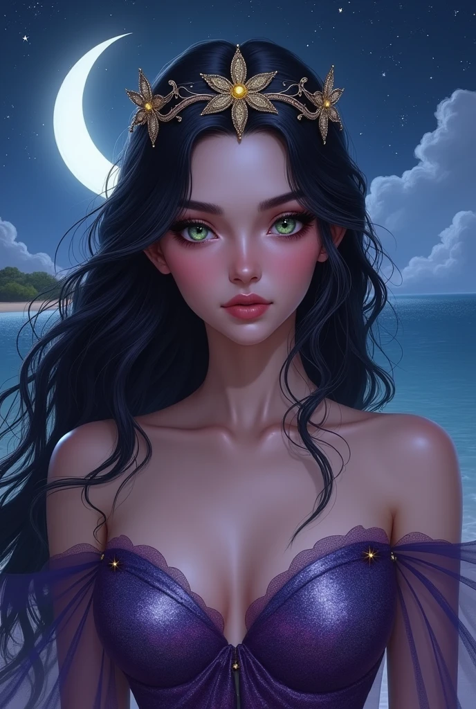 A stunning portrait of Natcha, a captivating woman with raven-black hair and striking green eyes, adorned with a delicate crown. Her elegant gown is a mesmerizing blend of deep purples and blues, with a shimmering texture that catches the light. The background features a starry night sky, a crescent moon, and a hint of a tranquil ocean. The overall atmosphere of the image is enchanting and serene.