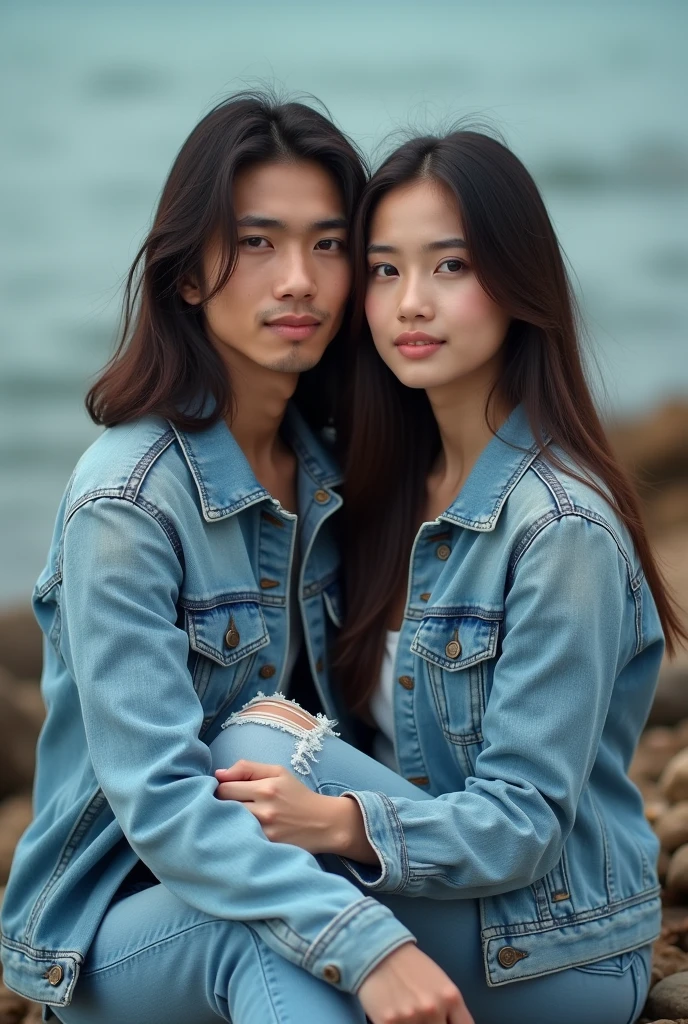 Portrait of a young Indonesian man with long straight shoulder-length hair wearing a slim denim jacket,Ripped jeans at the knee,and a beautiful young woman wearing a slim denim jacket leaning against the man sitting on rocks by the beach,Face forward to the camera