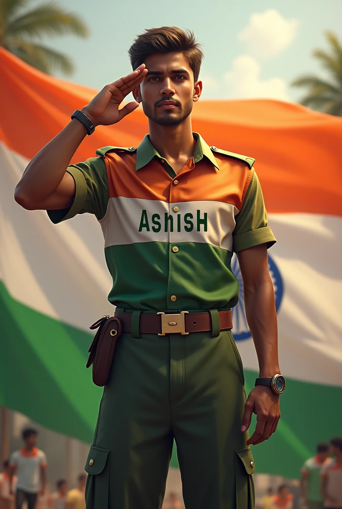 एक 18 वर्ष का लड़का है उसके छाती पर Ashish लिखा हुआ है और सैल्यूट कर रहे है और 15 अगस्त 2024 लिखा हुआ है