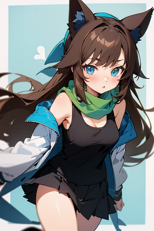 Long Hair, Brown Hair, Blue eyes, Black Cat Ears, Anime Style, 1girl, Anime, Green scarf, White white white women's tank top, Open shoulders, Blue blue blue jacket, Black skirt, Blush, Studying