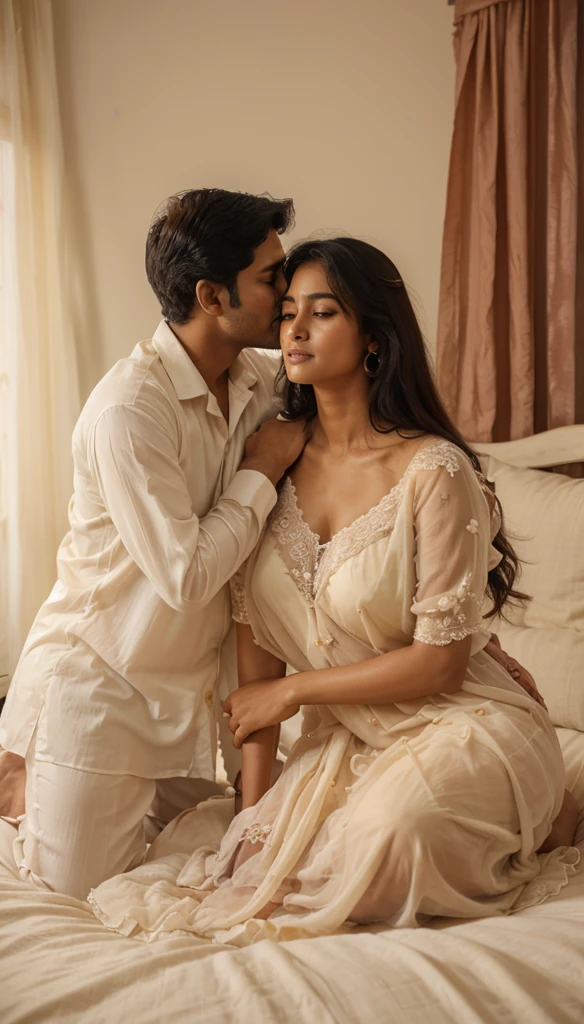 South Indian women, hugging a man in bed room, wearing cream colour chiffon transparent nighty