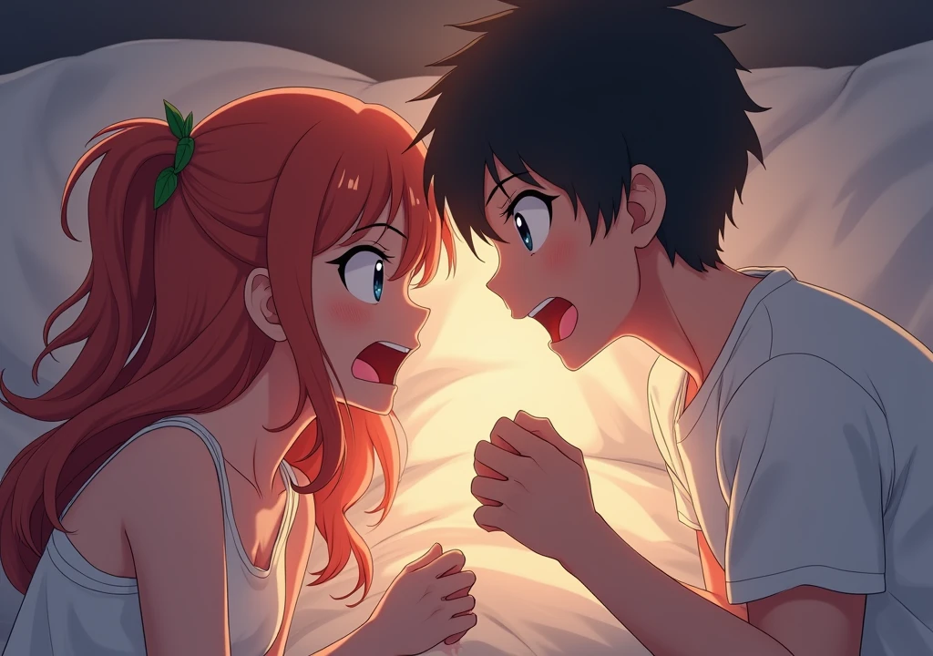 anime couples having a argument on bed,the argument look so intense with shouting and screaming ! it a male and female couple , show how frustrated and intense their emotions and face , like very going very bad, focus more on how angry their look