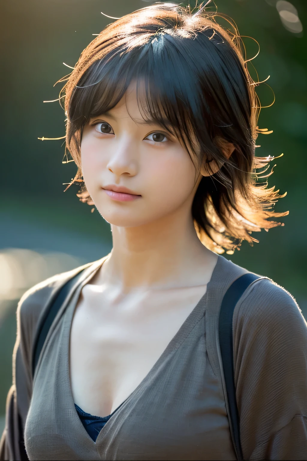 Hair blowing in the wind、Wet Skin、Wet Hair、Wet clothes、A woman with a cute face like a Japanese idol, 、(Cleavage),((Cinema Lighting),(Natural light),(High level of artistry),(artistic),(Indistinguishable quality from the real thing),{{RAW Photos}},{{Genuine}},High resolution,masterpiece, beautiful, Handsome Tomboy, Looks like a salon model, Cool face, Neutral facial features,
