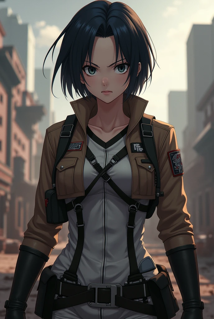 woman, full body, black very short, emotionless face, black eyes, reconnaissance corps, Attack on Titan in anime style