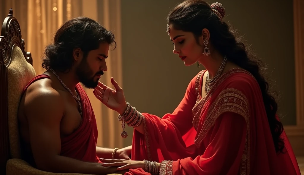Capture the intimate moment between Queen Sumegha, Nirmal(poor weak man). Queen Sumegha is seen rising from her throne with deliberate grace, her fingers lightly touching Nirmal, igniting a mix of fear and thrill. Her red saree flows elegantly, emphasizing her commanding yet alluring presence. The atmosphere is charged with a blend of authority, control, and underlying tenderness, with the room's warm lighting enhancing the emotional depth of the scene