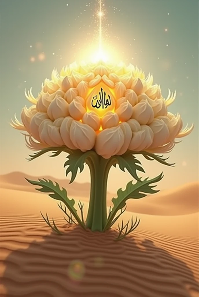 There is a cauliflower flower. Allah is written inside it and that flower is kept inside the desert and there is no human being there for miles. Make an image and show it.