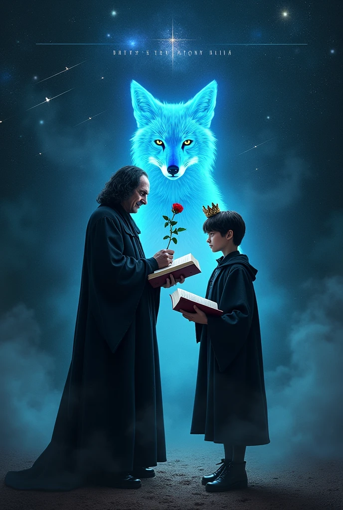 Severus to Professor Snape, the head of Slytherin house must be in the picture, with a red rose in her hand, and Harry Potter's 17-year-old self, in glasses. crown on his head! The two characters should stand with their backs to each other! Both of them should have an open book in their hands! In the background is a blue glowing fox in the middle, similar to protective charms, outer space, the shooting stars, the minor planets! THEY ARE ANONYMOUS should appear at the top of the image!