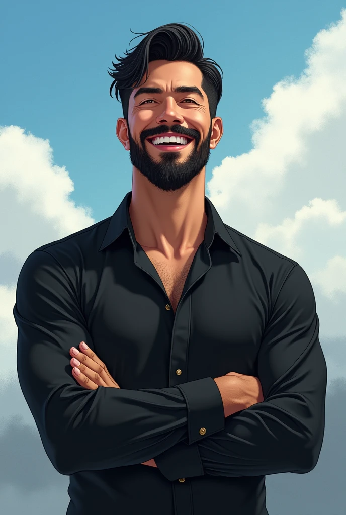 (Front view:1.4),Groomed beard,40 year old dapper man,Upper body composition,Makoto Shinkai&#39;Painting Style,Japanese,(Laughter:1.3),smile,Tall Man,beard, Delicate facial features like an actor,Short black hair, (Long sleeve black silk Y shirt:1.5), Intense muscles, The eyes are brown, Near the sky