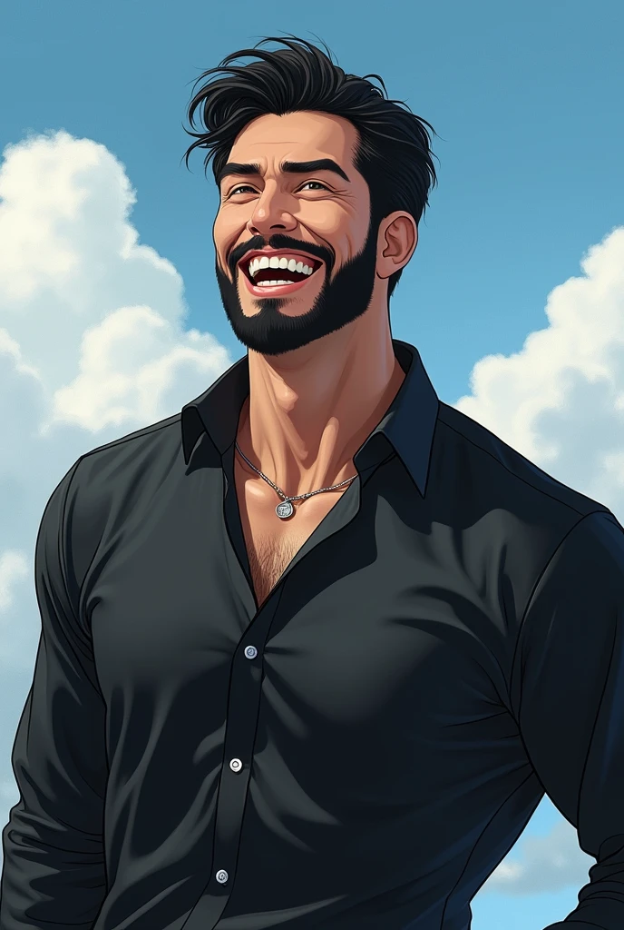 (Front view:1.4),Groomed beard,40 year old dapper man,Upper body composition,Makoto Shinkai'Painting Style,Japanese,(Laughter:1.3),smile,Tall Man,beard, Delicate facial features like an actor,Short black hair, (Long sleeve black silk Y shirt:1.5), Intense muscles, The eyes are brown, Near the sky