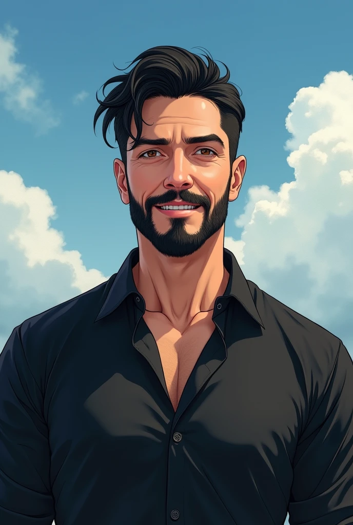 (Front view:1.4),Groomed beard,40 year old dapper man,Upper body composition,Makoto Shinkai'Painting Style,Japanese,(Laughter:1.3),smile,Tall Man,beard, Delicate facial features like an actor,Short black hair, (Long sleeve black silk Y shirt:1.5), Intense muscles, The eyes are brown, Near the sky