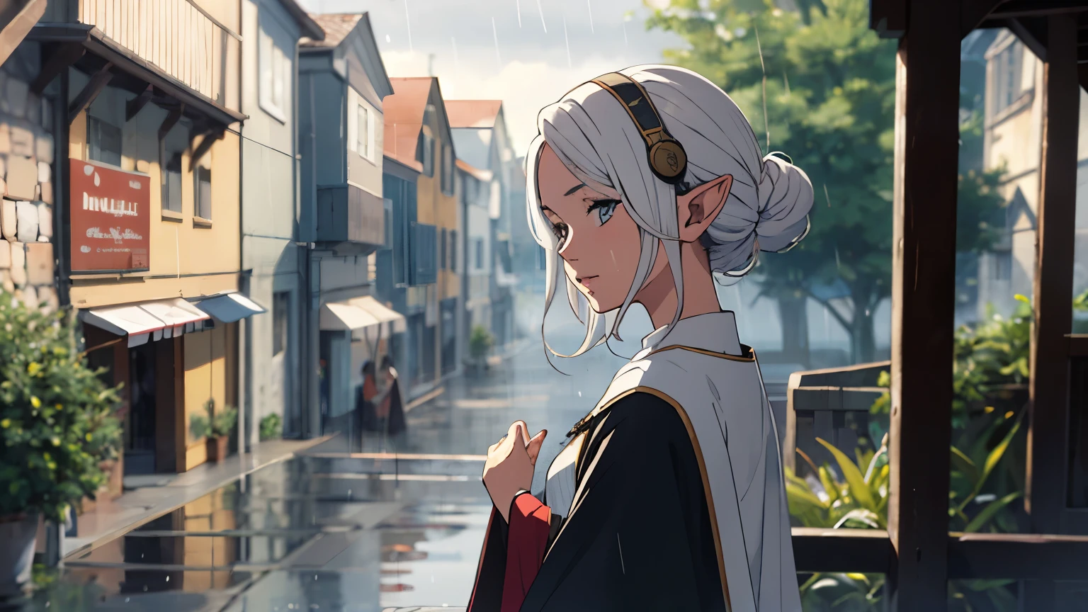 elf girl with white hair, wearing medieval dress, wearing headphone, watching the rain, medieval town.