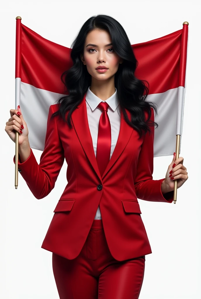 Portrait, beautiful woman, holding Indonesian flag, alpha female, shirt, blazer red, tie, elegant, black hair, white background